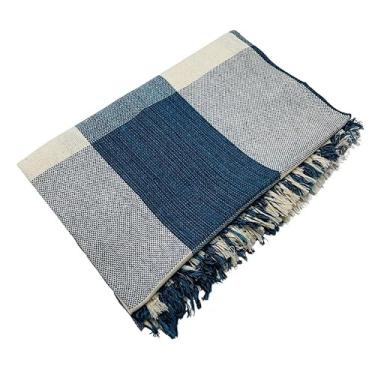 Imagem de Manta de Sofá Gigante 210x120cm em Algodão – Manta Artesanal para Sofá e Cama Decorativa(Azul C/Branco)