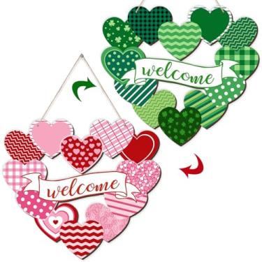 Imagem de Arosche Decorações de Dia dos Namorados, decorações de Dia de São Patrício, placa de porta suspensa reversível, de madeira, guirlanda de dupla face, trevos de coração, placa de porta de boas-vindas