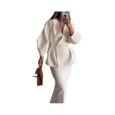 Imagem de Conjunto De Blazer Slim Com Decote Em V E Saia Para Mulheres, Manga Lo