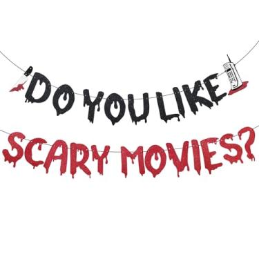 Imagem de Faixa de Halloween, Glitter Do You Like Filmes Assustadores Faixa de Parede Pendurada Guirlanda Assustadora Grito de Terror Filme Noite Decorações de Festa para Halloween Tema de Decoração de Festa de