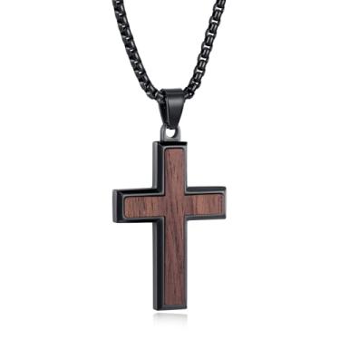 Imagem de REVEMCN Colar de cruz de madeira para homens e meninos – Pingente de crucifixo de madeira cristã de nogueira preta e aço inoxidável com corrente de rolo de 45,7 a 61 cm, joia inspiradora, presente de