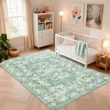 Imagem de GarveeHome Tapete de área de 12 x 18 cm para berçário, tapetes florais vintage, laváveis à máquina, tapetes botânicos, com bordas de flores, antiderrapante, tapete de área de pilha baixa para quarto