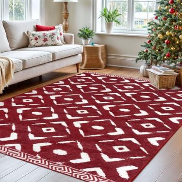 Imagem de KILOCOCO Tapete de sala de estar marroquino tapete lavável 12 x 18 cm tapete antiderrapante macio de pilha baixa grande boho para sala de jantar, casa de fazenda, quarto de crianças, tapete geométrico