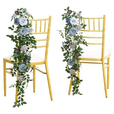 Imagem de Angela Flower 4 peças de decoração de cadeira de banco de flores para corredor de casamento, arranjos azuis neblina, azul marinho e rosa empoeirado, rosa artificial, para cerimônias da igreja