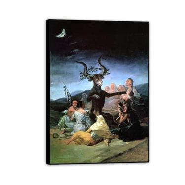 Imagem de Arte de parede Francisco Goya, The Witches' Sabbath, impressão em tela famosa reprodução de pinturas a óleo abstratas imagem emoldurada para decoração de casa 55 x 40 cm (22 x 16 polegadas) moldura