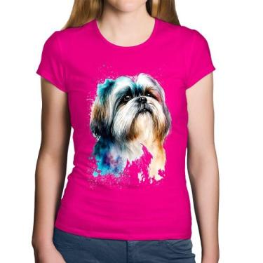 Imagem de Baby Look Algodão Cachorro Shih Tzu Watercolor - Foca na Moda, Rosa, M