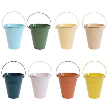 Imagem de Joyfernal Pacote com 8 Baldes de metal pequeno de 13 cm de altura com alça, mini balde de lata galvanizado colorido de 800 ml, decoração de artigos de festa, plantador de vaso de suculentas de flores