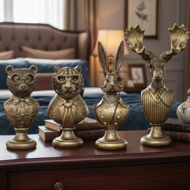 Imagem de Newinhome Conjunto de escultura de estátua de animal vintage, estatueta de busto de animais de resina dourada com óculos e terno, decoração de mesa de escritório retrô para sala de estar em casa