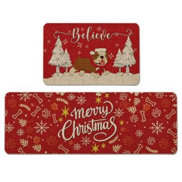 Imagem de QIONG MENG Conjunto de tapetes de cozinha de Natal com 2 tapetes de cozinha buldogue inglês, tapetes decorativos de Natal para decoração de casa, cozinha, sala de jantar, 43 x 68 e 43 x 128 cm