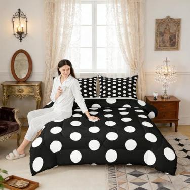 Imagem de Conjunto de edredom com bolinhas pretas e brancas, moderno, simples, decorativo, para crianças, adolescentes e adultos, estampa de círculos geométricos hippie, edredom acolchoado com 2 fronhas