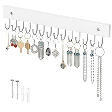 Imagem de QTJUST Suporte de colar montado na parede organizador de joias de madeira, armazenamento de brincos e pulseira de anel, exibição de joias decorativa que economiza espaço (branco, 1 pacote)