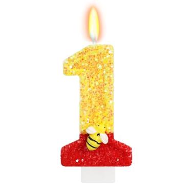Imagem de ElekFX Urso de mel de desenho animado vela número 1, topo de bolo de abelha fofo com glitter, urso vermelho amarelo, decorações de 1º aniversário para artigos de festa infantil