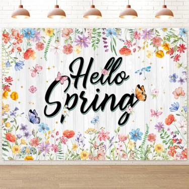 Imagem de Hello Spring Banner pano de fundo 20 x 1,8 m primavera flores silvestres branco madeira fotografia fundo decoração festa de Páscoa, suprimentos para fotos