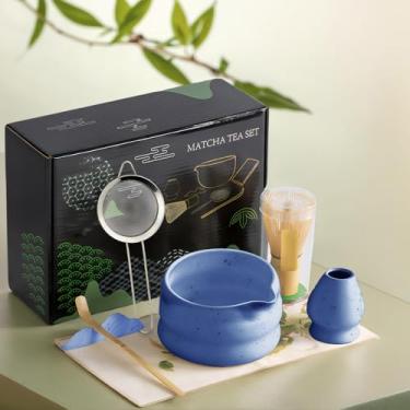 Imagem de cjc Conjunto de 7 peças de batedor Matcha, conjunto de kit matcha japonês: tigela matcha de cerâmica com bico, batedor e suporte de bambu, colher, suporte de colher, peneira, pano de chá – Conjunto de