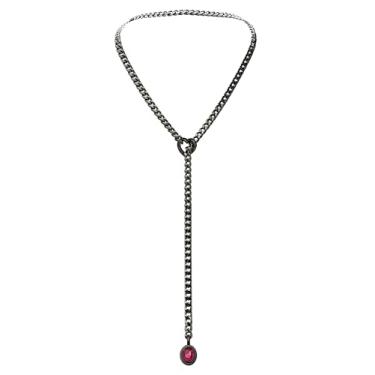 Imagem de EverGlimp Colar de corrente de coração para mulheres, corrente cubana de ouro com anel de coração removível, pingente de cristal brilhante, colar em Y ajustável, joia delicada. (Preto-rosa-choque)