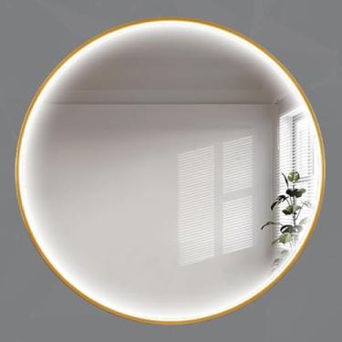 Imagem de Espelho Redondo Led Com Luzes Para Parede, Espelho Vity Frontal Com Moldura De Liga De Alumínio, Espelho Montado Na Parede à Prova De Estilhaços Para Quarto, Gold - White Light, 70x70cm