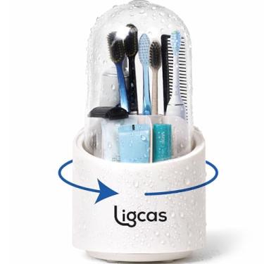 Imagem de Suportes de escova de dentes com tampa para banheiros, organizador de bancada giratório de 7 compartimentos, suporte de escova de dentes à prova de poeira para pia de banheiro, organizador de