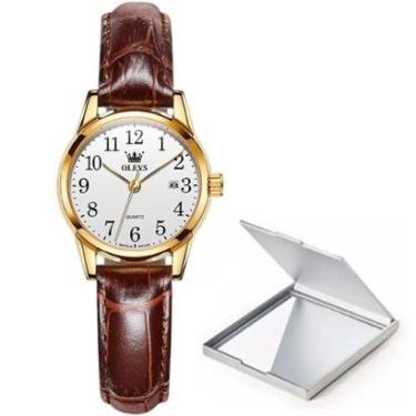 Imagem de Kit Relógio Mini Feminino Social Dourado Em Couro + Espelho-Feminino