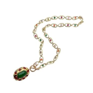 Imagem de DWBPGVUN Colar gargantilha com pingente de cristal vermelho jaspe verde 24 x 34 mm 8 x 14 mm rosário pavê formato oval