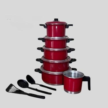 Imagem de Jogo de Panelas com Leiteira + Jogo de Talheres Resistente - 5 Peças Completas, Prático para Cozinhas Domésticas e Preparos Diários (Vermelho)
