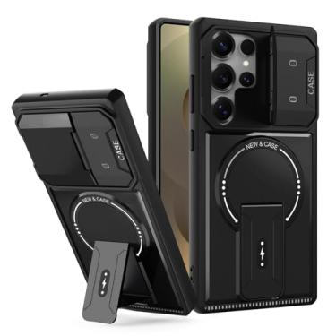 Imagem de Capa protetora com suporte para Samsung Galaxy S25/S25 Plus/S25 Ultra, proteção de grau militar, capa de lente deslizante, à prova de choque e compatível com carregamento sem fio (preto, S25 Plus)