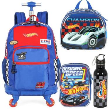 Imagem de Kit Mochila 4rodas Estojo Lancheira Garrafa Bolsa Hot Wheels - Luxcel,