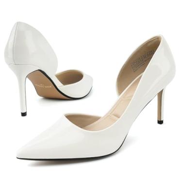 Imagem de JENN ARDOR Sapato feminino salto alto bico fino fechado stiletto D'Orsay 7,6 cm confortável macio casamento noiva convidada vestido clássico elegante sapatos de trabalho casual, Poliuretano branco, 39