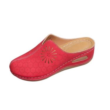 Imagem de Sandálias femininas de verão baotou com metade inferior grossa salto plataforma sapatos casuais confortáveis para uso ao ar livre, Vermelho, 36