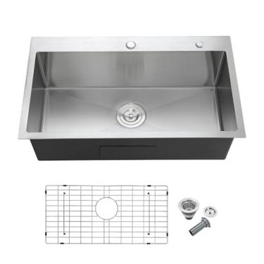 Imagem de MENATT Pia de cozinha de 71 x 45 cm, tigela única de aço inoxidável 304 com orifícios duplos para torneira e tapete de grade inferior, ralo em forma de X, 23 cm de profundidade para cozinha grande