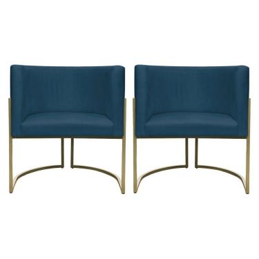 Imagem de Kit 2 Poltronas Decorativa Recepção Luna Suede Cores Base De Ferro Champagne Azulmarinho Suede