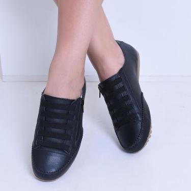 Imagem de Tênis Feminino Mocatênis Preto com zíper Izabela Araújo Couro, Preto, 