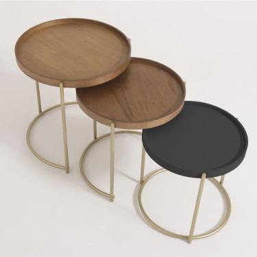 Imagem de Conjunto 3 Mesas Centro Capri Aço Carbono Lamina Madeira Encaixe Funci