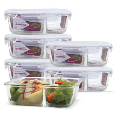 Imagem de KIT 6 Potes de Vidro Retangular com Divisória e Tampa Hermética 640ml 