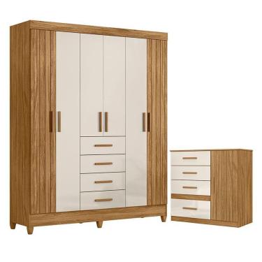 Imagem de Guarda Roupa Solteiro e Cômoda Aruba Vênus 6 Portas 4 Gavetas em MDF MDP com Cabideiro e Prateleiras Freijó Off White