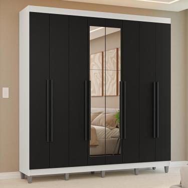 Imagem de Guarda Roupa Casal Venus 8 Portas Batentes 4 Gavetas MDP com Espelho Branco-preto-preto...