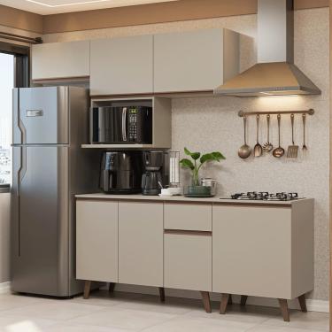 Imagem de Armário de Cozinha Completa Nice 7 Portas 1 Gaveta MDF 240 cm Creme com Nicho para Micro-ondas