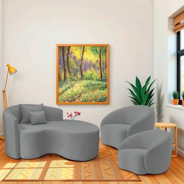 Imagem de Kit Recamier Curvo Sala De Estar Inglaterra 150cm Lado Direito E 2 Poltronas Orgânica Luxo Amore Bouclé Cinza