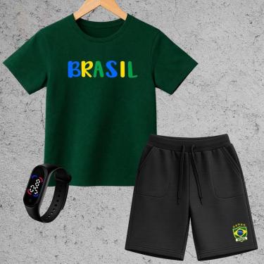 Imagem de Kit Infantil Brasil Completo Camiseta Short Moletinho Relógio Digital Look Menino Presente-Unissex
