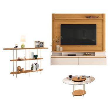 Imagem de Home Suspenso Astor Cinamomo Off White E Mesa De Centro Sky Com Tampo De Vidro E Aparador Infinity Cinamomo - Hb Móveis