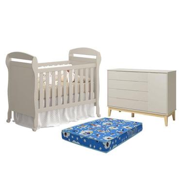 Imagem de Berço Americano Danny Com Colchão Ortobom E Cômoda Com Porta Elfe Classic Areia Acetinado Natural - Reller