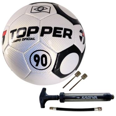 Imagem de Kit Bola de Futebol Campo 90 Oficial com Bomba de Ar Dupla Ação Preto Topper