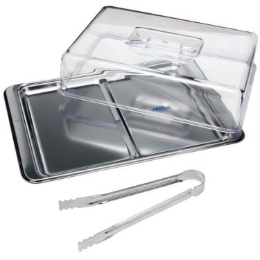 Imagem de Conjunto para Frios Atina 1413-100 Bandeja Aço Inox e Acrílico com Tampa e Pinça 3 Peças Inox Brinox