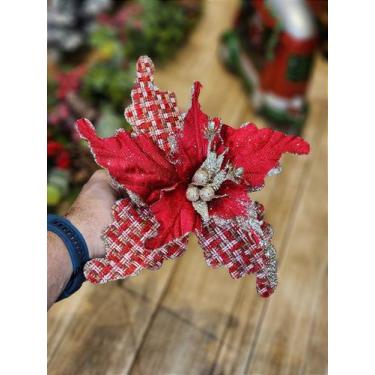 Imagem de Flor poinsétia xadrez vermelha e dourada 25cm - decoração festiva - Se