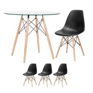 Imagem de Mesa Redonda Eames Com Tampo De Vidro 90 Cm + 3 Cadeiras Eiffel Dsw Preto