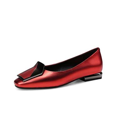Imagem de TinaCus Sapatos femininos de couro legítimo bico quadrado feito à mão fivela decoração casual sem salto, Vermelho, 7