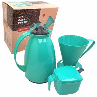 Imagem de Kit Garrafa Térmica 650ml Suporte Filtro Açucareiro 350ml Conjunto Café Prático Verde