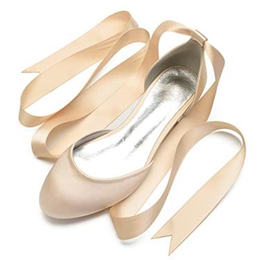 Imagem de Sapatos de casamento para noivas mulheres sapatilhas de cetim sapatilhas com fivela bico redondo sapatos sociais 36-44,Champagne,7 UK/40 EU