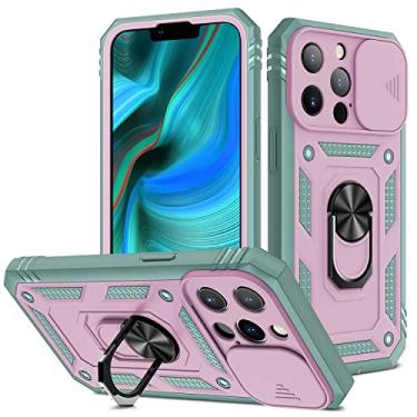 Imagem de Capa de celular Caso do iPhone 13 do iPhone 13 compatível com lente Protectionl Body Hard Slim 3 em 1 Caso de proteção, com caixa de giro magnético (Color : Green+gray pink)