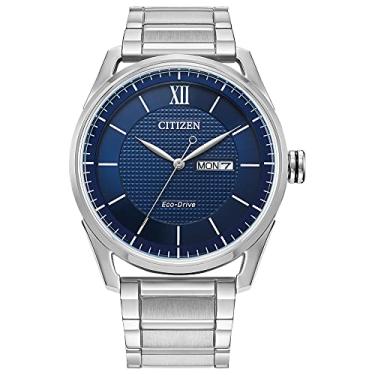 Imagem de Citizen Relógio masculino clássico Eco-Drive com 3 ponteiros para dia e data, Mostrador inoxidável/azul
