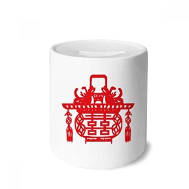 Imagem de DIYthinker Lanterna vermelha chinesa padrão de lótus caixa de dinheiro caixa de cerâmica porta-moedas presente de cofrinho